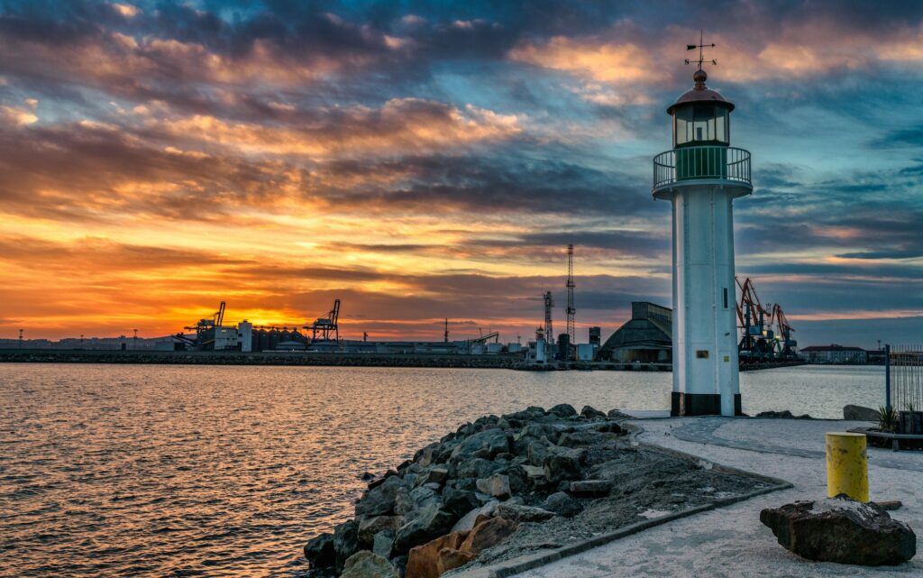 Lighthouse at sunset in the harbor of Burgas, Bulgaria